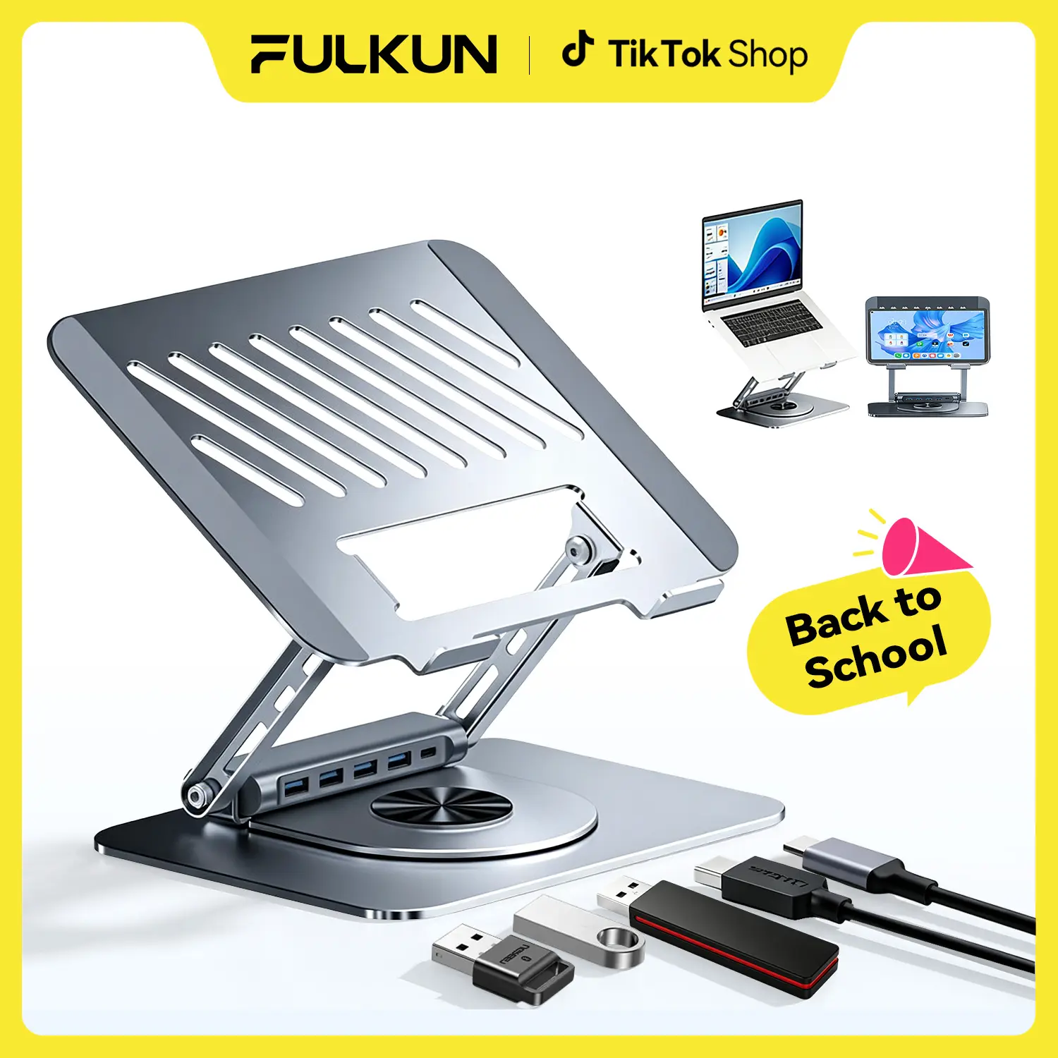 FULKUN 2-in-1 Laptop Stand with USB Hub, Adjustable Aluminum Laptop Riser with USB-C & 4× USB-A 3.0 Ports for Desk Setup,Fits 10–17” Laptops