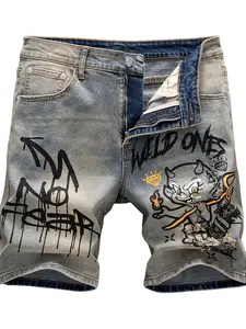 Vintage Washed Denim Shorts with WILD ONES Devil Graphic, Hip Hop Streetwear Jean Shorts for Men
