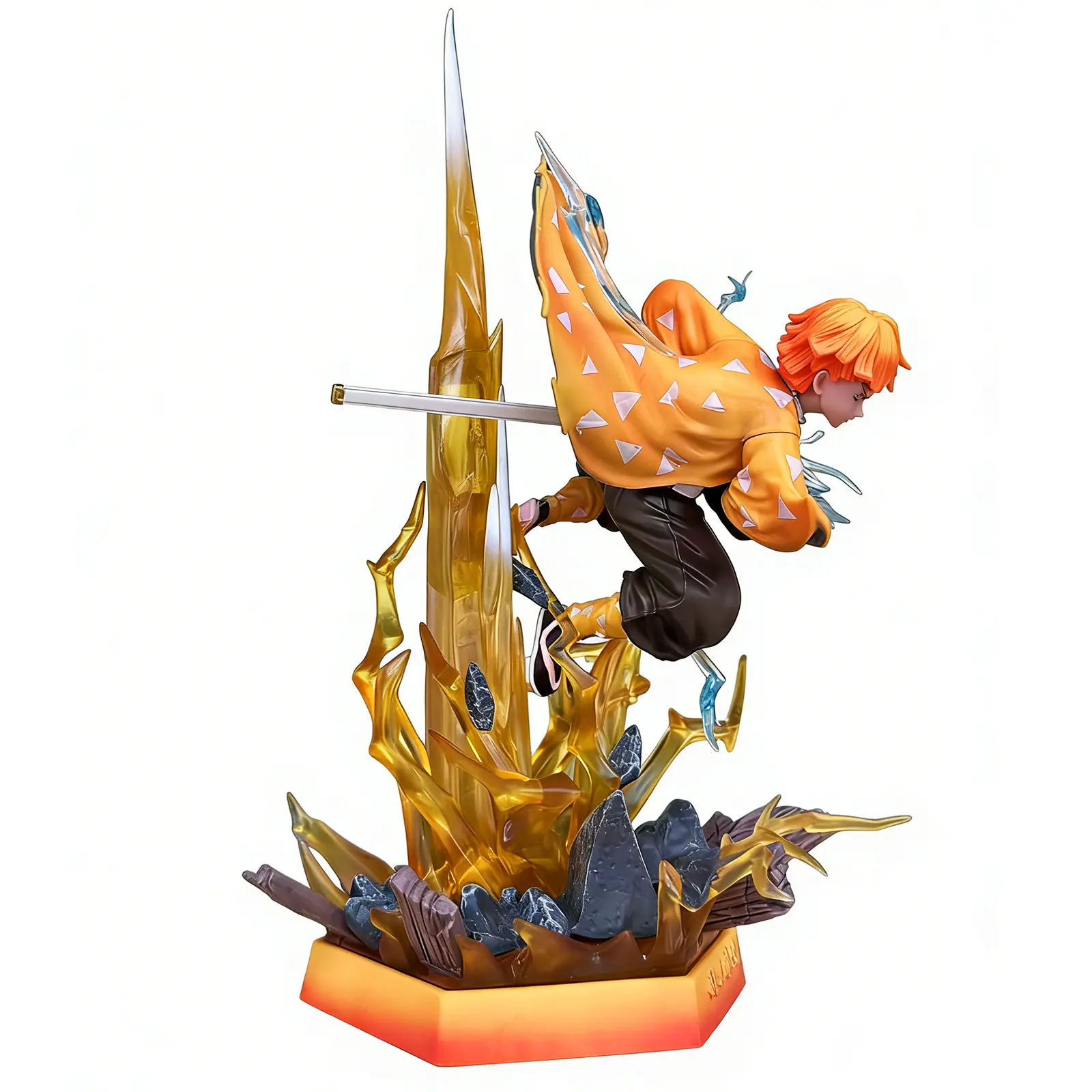 (DS、KNY）Demon Slayer Zenitsu Agatsuma GK Modified PVC Statue | LED Lightning Effects, Cracked Rock Base, Interchangeable Faces | Collectible Anime Desk Decor with Exquisite Gift Box, Ideal Holiday Gift for Anime Fans