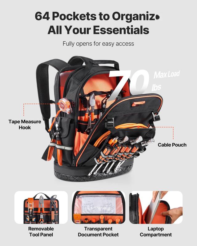 Tool Backpack with 64 Pockets, Tear-Resistant Construction, Heavy-Duty Jobsite Organizer for Electricians and Tradespeople, Portable Tool Storage Bag with Padded Straps, Waterproof Fabric, Reinforced Handle, and Compartments