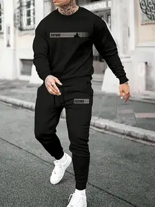 Men's Sports Set - Round neck Long sleeved Top with Strap up Running Pants, Polyester Knitted Fabric, Regular Style Sportswear, Printed Details, Autumn 2-piece Set.