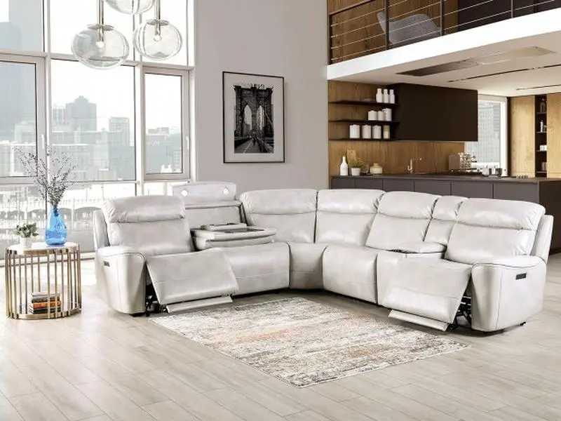 CM9923FG-PM Edmondus Light Taupe Leatherette Sectional Sofa with Power Recliner Ends, Adjustable Headrests, 3 PC Set