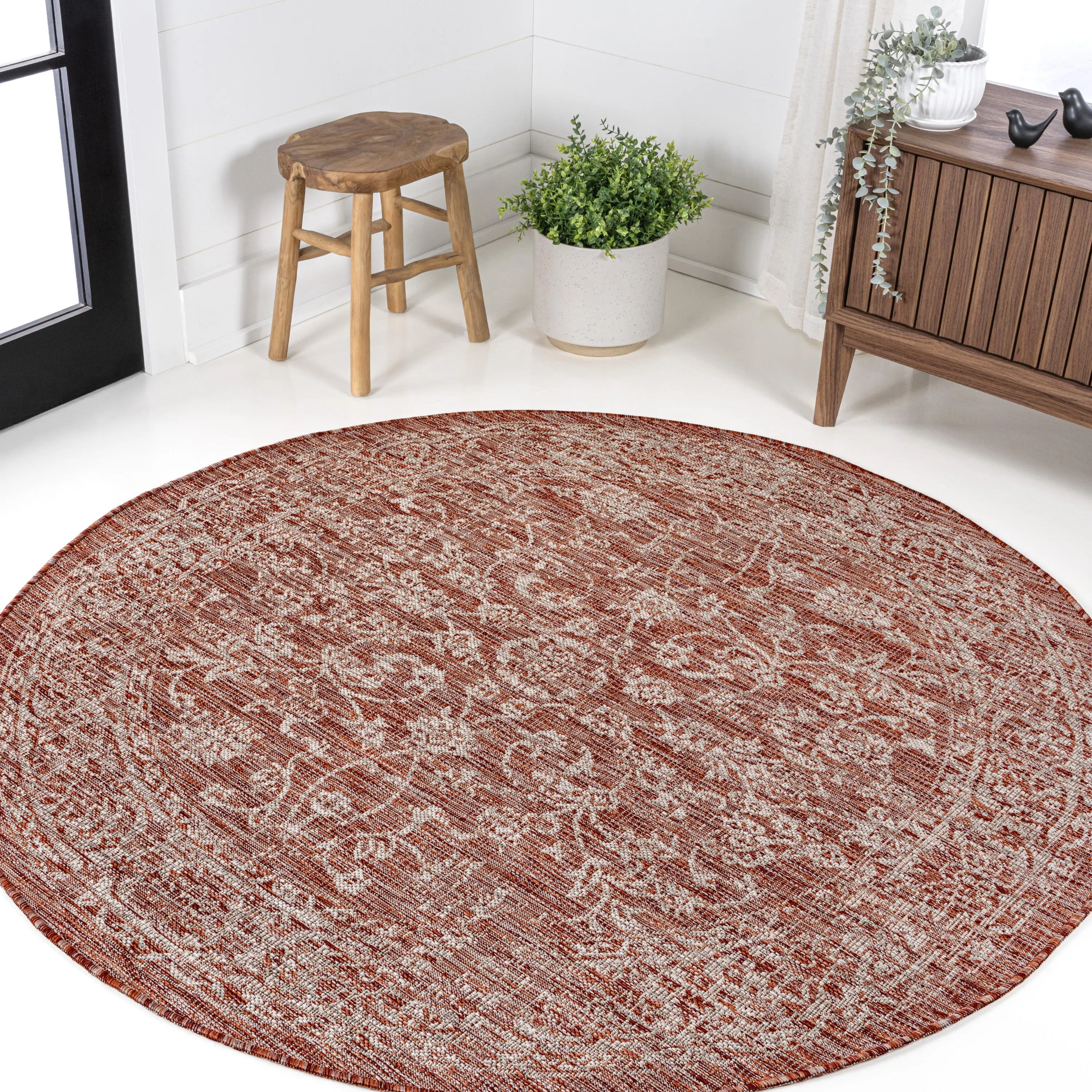 JONATHAN Y Bohemian Textured Weave Floral Round Area Rug, Boho Shabby Chic Decorative Mat for Indoor-Outdoor Use, Bohemian Pattern Mat