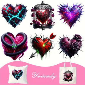 6Pcs Gothic Valentine Heart Heat Transfer Vinyl Patches DIY Washer Resistant Iron on Stickers for T Shirts Real HD Print Cloth Decor No Clothing Included