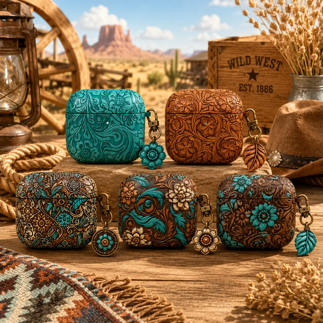 NO KEYCHAIN INCLUDED Tooled Leather 2D Print Floral AirPods Case, Western Turquoise Earbuds Cover, Vintage Cowboy AirPods Pro Case, Embossed Leather Style AirPods Case, Western Gift