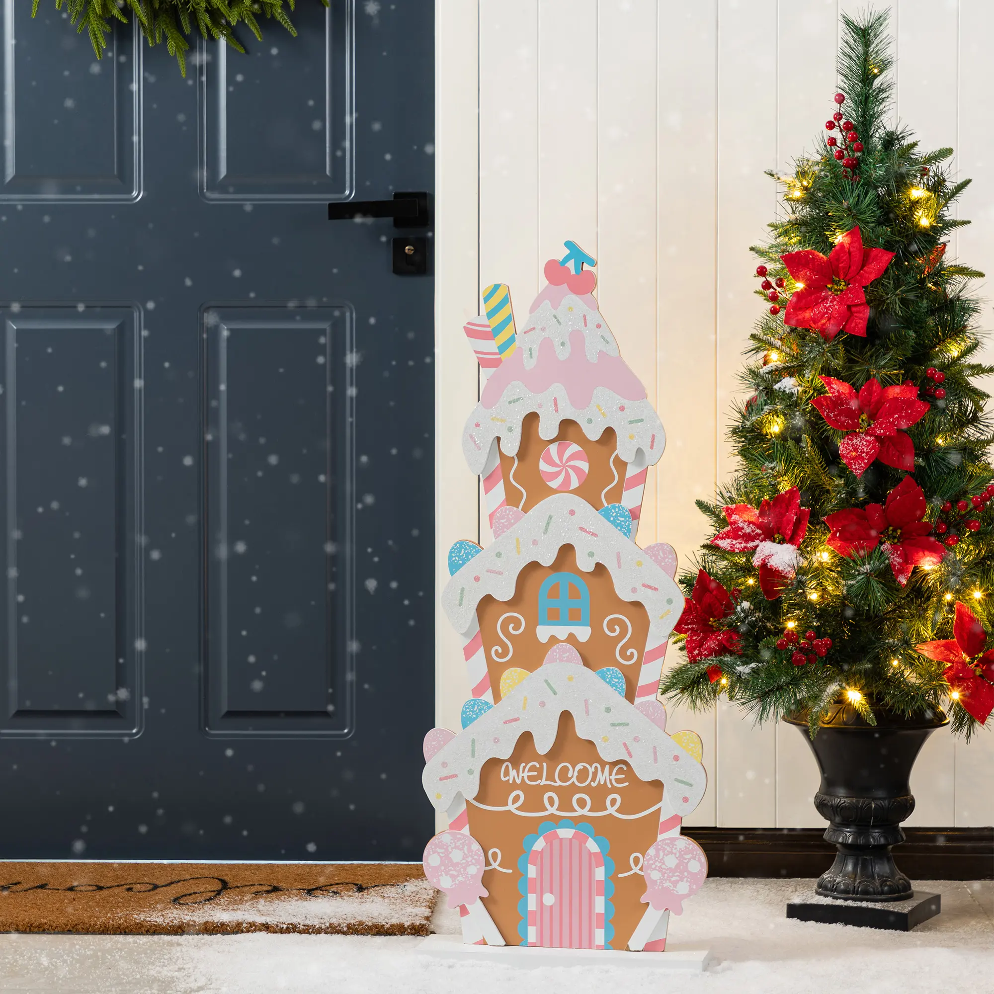 【Christmas in July】 Glitzhome 35.25"H Wooden Christmas Gingerbread House Porch Decor(KD)