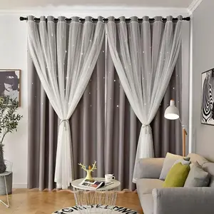 Star Pattern Curtain, Double Layer Design Curtain, Home Decorative Curtain for Living Room Bedroom, Home Decor Supplies, Home Decoration Curtain