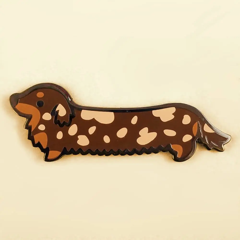 Weenie Dog Enamel Pin (Long Coat Dapple Chocolate) - Dachshund Doxie Cute Dog Kawaii Brooch Pin