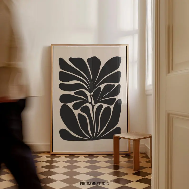 [SALE UP TO 50% - UNFRAMED] Moody Botanical Art, Organic Large Abstract Print, Abstract Floral Wall Decor, Mid Century Modern Beige and Black Wall Art - Complimentary Delivery