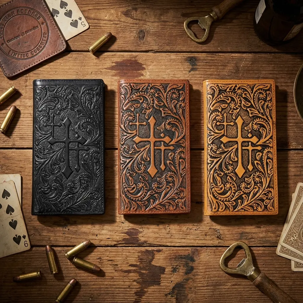 Men's Western Cowboy Genuine Leather Long Wallet 003 - Durable RFID Blocker Wallet, 11 Card Slots, 2 Side Pockets, USA Crafted, Drum Dyed, Hand Stitched, Tooled Floral, Father's Day Gift, Everyday Carry Accessory