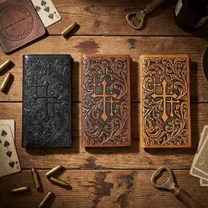 Western Cowboy Leather Long Wallets for Men Cross Tooled Wallet 003 100% Genuine Leather RFID Blocking 11 Card Slots 2 Side Pockets USA Crafted Drum-Dyed Coloring Hand-Stitched