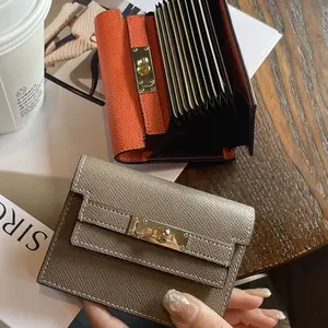 Ultra-Thin Leather Card Holder with Lock and Keychain, Exquisite Cardholder, Compact Zipper Card Case for Daily Travel, Neutral Style