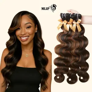 MLIP 15A Raw Indian Hair Bundles 2X6 HD Lace Closure Body Wave Natural Black Brown Highlight Blonde Weave 100% Virgin Hair for Stylish Look Super High Quality Tangle-Free No Shedding