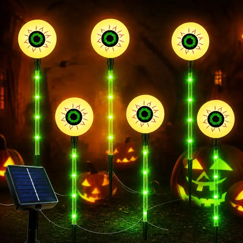 Halloween Eyeball Solar Ground Stake Lights - 6-Pack, Eyeball Shape, Green LED, 8 Lighting Modes, IP44 Waterproof, Plastic Body, Spooky Festive Decorations for Lawns, Pathways