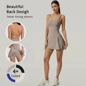 Women's Square Neck Tennis Dress with Shorts Spaghetti Strap Backless Workout Side Slit Athletic Golf Dresses High Stretch Nylon Activewear Machine Washable