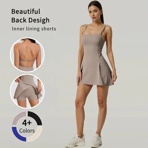 Kabuer Women's Light Quick-Dry Knit Workout Active Dress - Spaghetti Straps, Square Neck, Split Back, Built-In Shorts, High-Stretch Nylon, Above-Knee, Sleek Look, Yoga Tennis Tank Top Athletic Dress for Spring Summer Fall Tennis, Golf, Yoga Tennis Dress