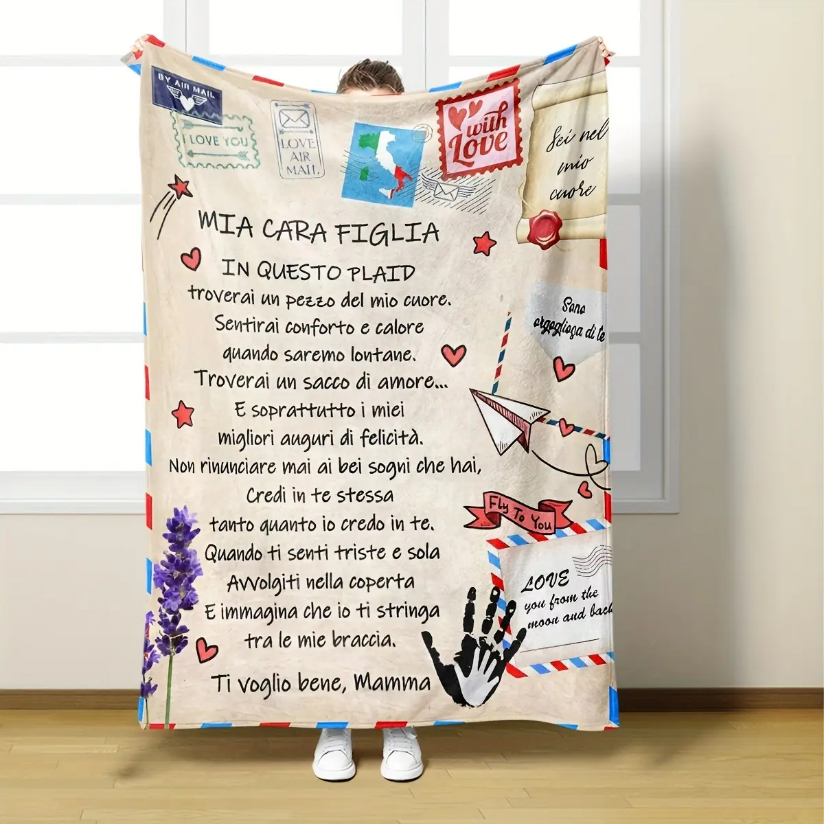 Italian Mia Cara Figlia To My Daughter Gift from Mom Soft Cozy Flannel Blanket Sentimental Air Mail Love Letter Plush Throw Warm Fuzzy Blanket for Daughter Birthday Graduation Holiday Home Decor, Blanket Customized