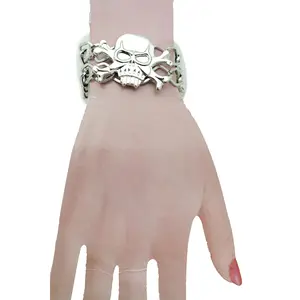 TFJ Women Wrist Bracelet Silver Metal Chain Fashion Jewelry Skeleton Skull Pirate Bones Charms