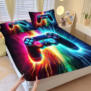 3Pcs Neon Gaming Controller Themed Fitted Sheet Set, Vibrant RGB Color Accents & Electric Light Trails Design, Ideal for Gaming Rooms, Perfect for Console Lovers, Cozy & Stylish Bedding, No Pillow Core, Bedsheet Sets