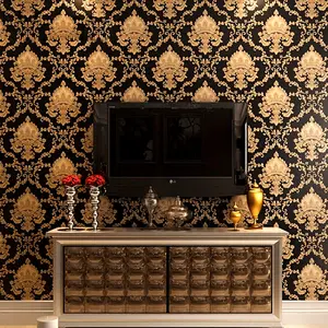wallpaper Luxury Black & Golden 3D Damask Embossed Wallpaper - Washable, Non-Adhesive Vinyl PVC Roll for Elegant Home Decor, High Grade, Metallic, Texture