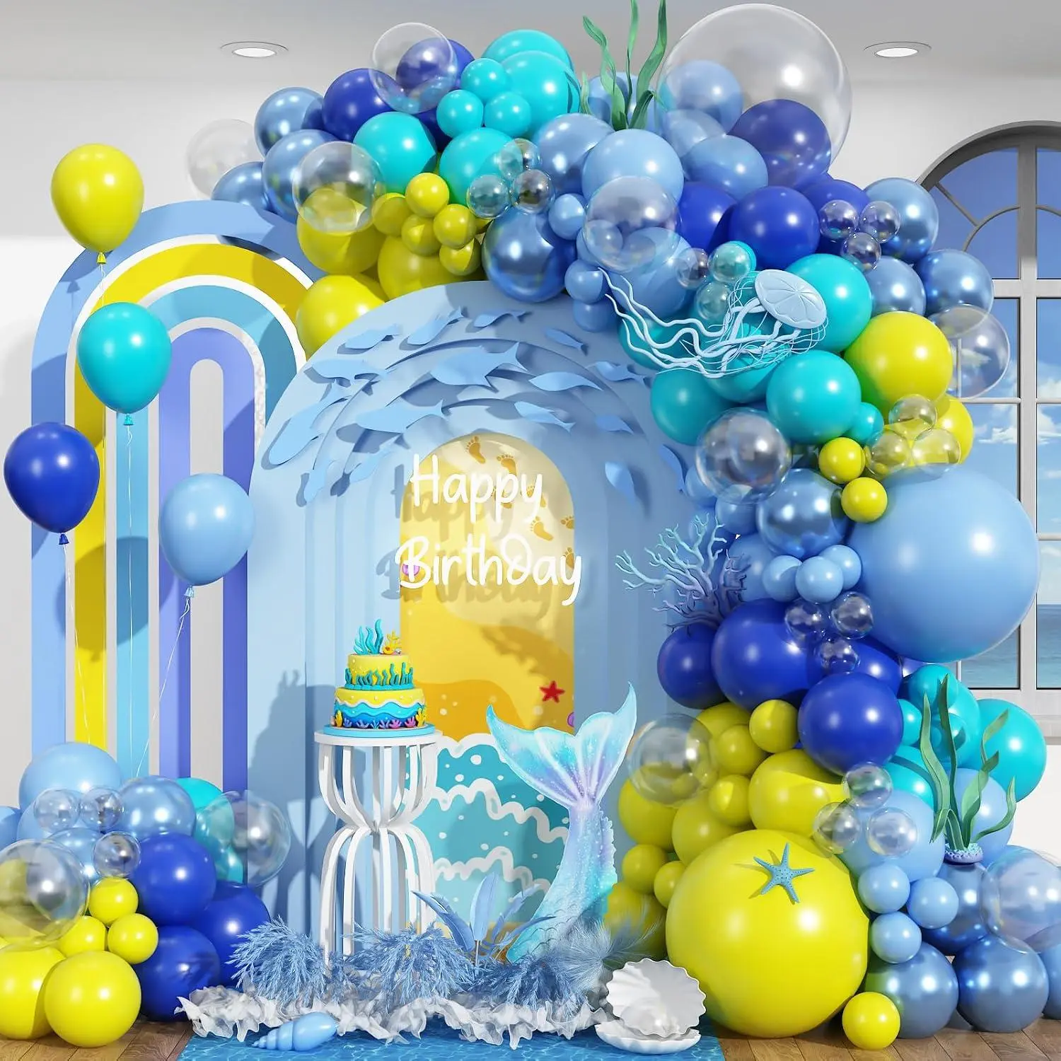 163Pcs Under The Sea Party Decorations, Blue Yellow Clear Balloon Arch Kit For Kids Cartoon Birthday Baby Shower Underwater Pool Gender Reveal Party Decor With Teal Metallic Blue Balloons
