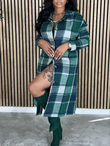Women's Plaid Long Coat Button Front Fall Winter Street Fashion Outerwear, Stylish Casual Fit Overcoat for Women