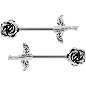 Pair of Nipple Barbells Ring Long Stem Rose Design 14g