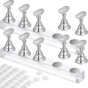 2 Set Nail Stand for Painting Press Nail Holder Acrylic Magnetic Tips Training Fingernail Display Stands DIY Crystal Holders and 96 Pieces White Reusable Adhesive Putty(Silver)