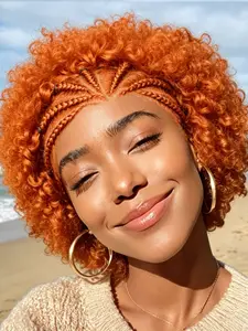 Ginger Short Curly Human Hair Wig, Braided Front, 13x4 Transparent Lace, Pre Plucked Natural Hairline, Bouncy Curl Wig for Women