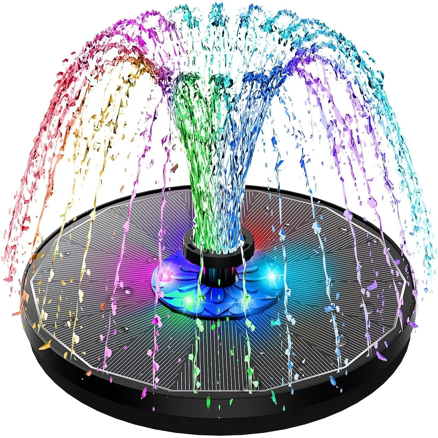 3.5W Solar Powered Glass Panel Fountain All-Inclusive Kit with 2000mAh Battery, 4 Fixed Rods, RGB LED Lights Night Show, Anti-Drift Fixer, 7 Nozzles, Strong Floating Bird Bath for Hummingbirds, Garden Pond Decor