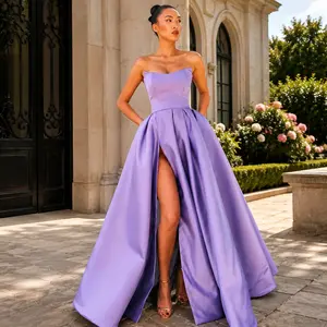 Women's Satin Prom Dresses with Slit Strapless Corset Ball Gowns Off Shoulder Formal Evening Gowns with Gown with Sleeves, Slit, and Pockets vestidos elegantes para fiestas