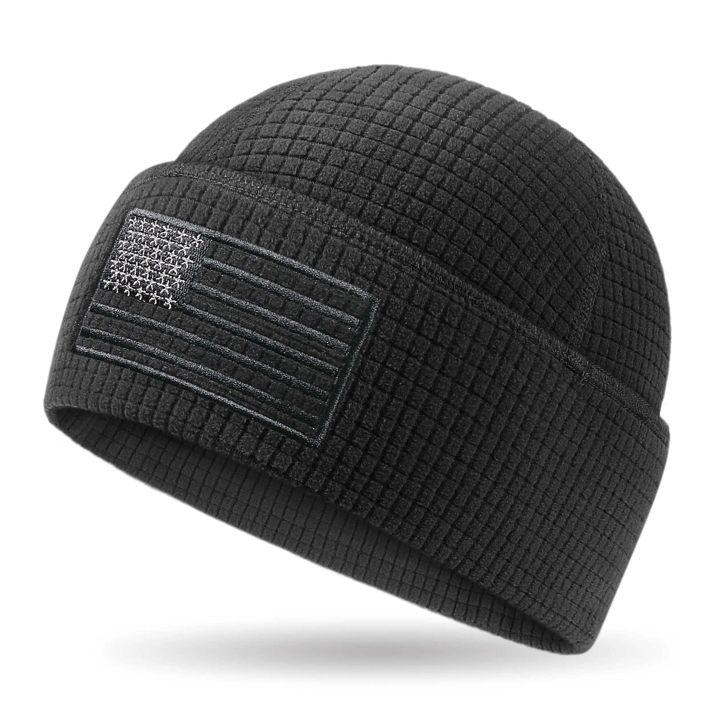 OUTDOOR SHAPING Men's Tactical Grid Fleece Embroidered Beanie - American Flag Embroidery, Lightweight, Moisture-Wicking, 10" Wide, 22"-23 5/8" Head Around, 6 1/4" High Mens Hat for Hunting, Kayaking, Embroidered Beanies, Mens Hats, Recyclable