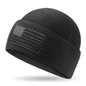 OUTDOOR SHAPING Grid Fleece Cuffed Beanie with American Flag Embroidery, Waffle Tactical Army Military Police Skull Cap