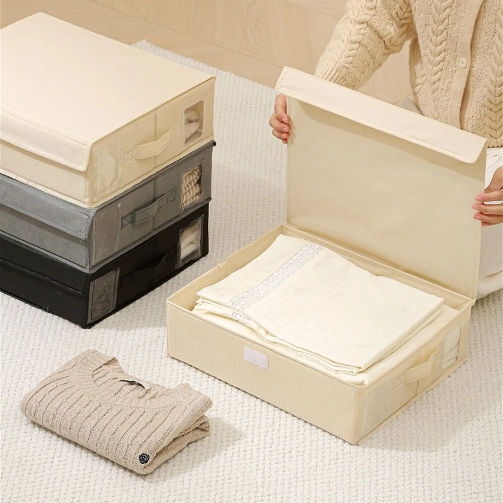 Foldable Bed Sheet Organizers Storage Bins with Transparent Window and Thick Portable Handles Storage Box for Storing Clothes and Bedding, Dust-Proof Storage Container Must Have,dorm essentials,home decor