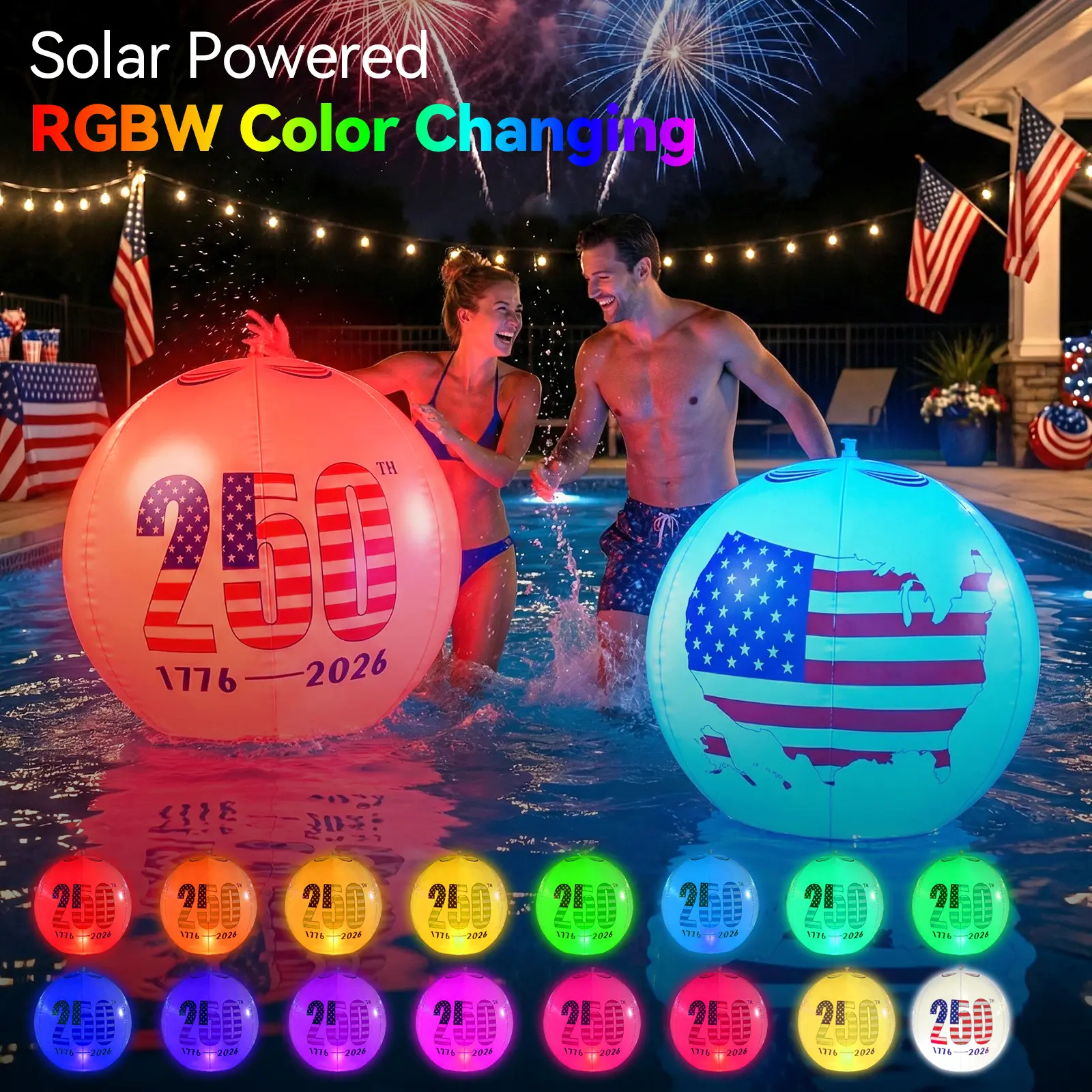 Avatar Controls 15” RGBW Solar Floating Pool Light Decorations, Waterproof LED Outside Pathway Lights with Remote, Illuminated Outdoor Lamp for 1776-2026 Commemorative Decor, Outside Lights