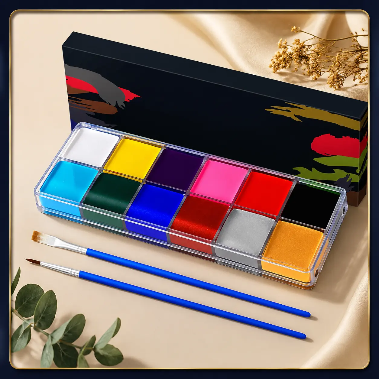 Non-Toxic Split Cake & Oil-Based Face Paint Palette with Stencils, Face Painting Kit for KBrushes & Crayons, Professional Water-Activated Body Paint for Cosplay, Halloween, Christmas, Parties, Birthdays & School Events
