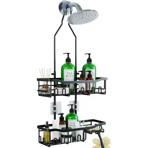 Upgraded Extended Length Shower Caddy Organizer with Hooks, Rustproof Shampoo Soap Holder,No Drilling Racks Over Showerhead, Large Hanging Bathroom Adjustable Shower Caddy