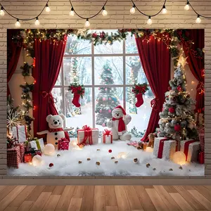 2D Christmas Decoration Door Curtain & Photography Backdrop, Vibrant Winter Scene with Snowy Trees & Teddy Bear, Indoor Outdoor Use