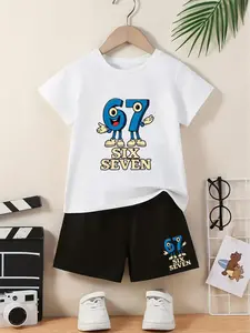 Cartoon Number 67 Building Robot Print Children's Set, Summer New Style Boys And Girls Short-Sleeved T-Shirts + Shorts 2-Piece Set, Clothing Sets, Graphic Print Set, Comfortable, Casual, Fashionable, Daily Versatile, Ideal Gift Choice