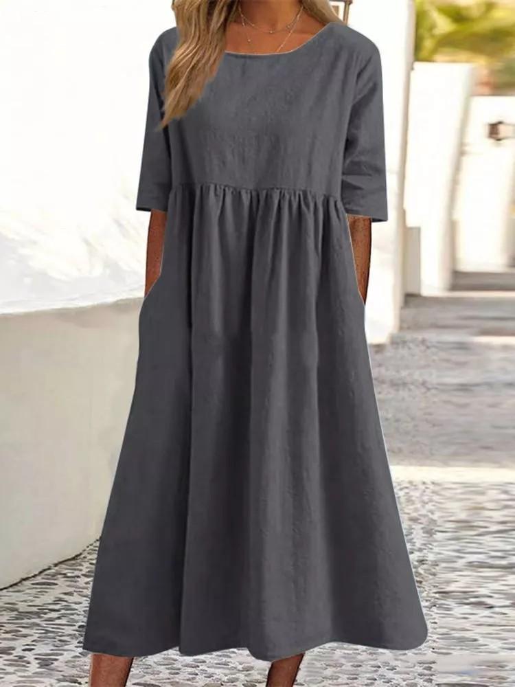 Women's Oversized Cotton Linen Dress Casual Half Sleeve Crewneck Flowy Midi Smock Dresses with Pockets Plus Size S-5XL