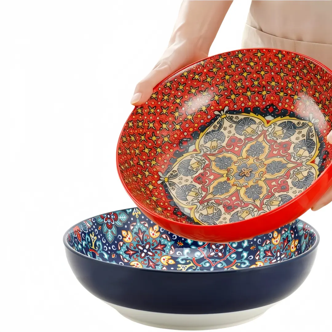 2-Piece Set 10.15-Inch Ceramic Soup Bowls, 67oz Large Noodle Bowl Ramen Bowl Microwavable Set High-Value Dinnerware, Ceramics Tableware, Floral Pattern, Microwave & Dishwasher Safe, Serving Bowls Kitchen Bowls