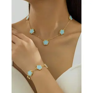 1 Set Colorful & Stylish Blue Lucky Clover Flower Beaded Bracelet + Necklace