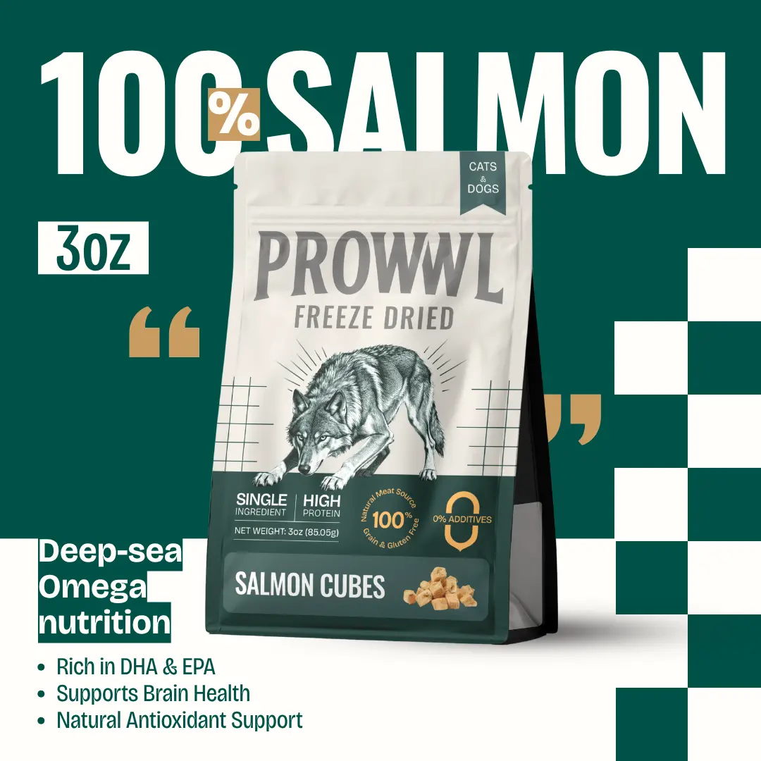 PROWWL Freeze-Dried Salmon Cubes - 100% Natural Meat, High Protein, Grain-Free, Gluten-Free, Rich in DHA & EPA, Supports Brain Health