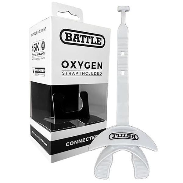 Battle Oxygen Lip Protector Mouth Guard with Connected Strap, Football and Sports Gear, Maximum Oxygen Supply, Mouthpiece Fits With or Without Braces - One Size, White