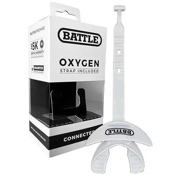 Battle Oxygen Lip Protector Mouth Guard with Connected Strap, Football and Sports Gear, Maximum Oxygen Supply, Mouthpiece Fits With or Without Braces - One Size, White