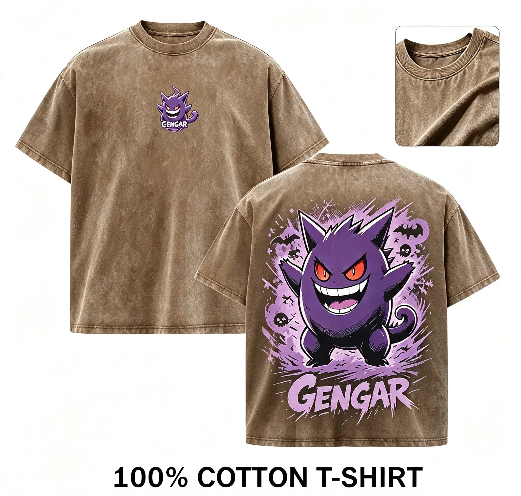 Unisex 100% Cotton Oversized T-Shirt - Dual-Sided Ghost-Type Pokemon Print, Vibrant Purple Design, Comfortable Fit, Street Style Pokemon Fan Apparel for Everyday Wear