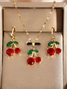 Fashion Cute Cherry Pendant Necklace Earrings Jewelry Set, Cherry Design, Elegant Versatile Daily Wear, Perfect Gift Idea