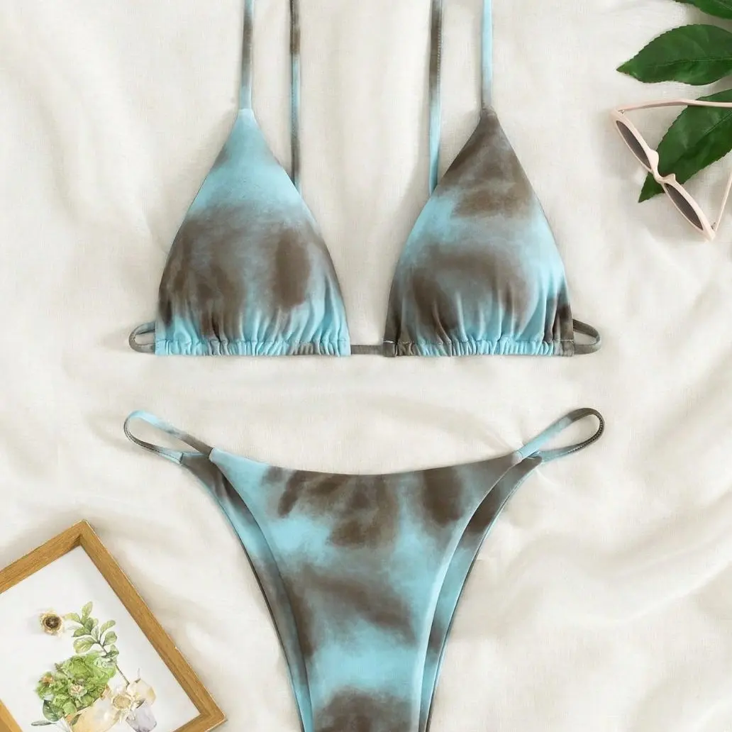 Three-piece tie-dye mesh bikini set