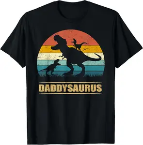 Men's Letter "Daddy Dinosaur Daddysaurus 2 Two Funny Father's Day dad" Print Round Neck Tee, Regular Fit Casual Short Sleeve T-shirt For Summer, Men's Top For Daily Outdoor