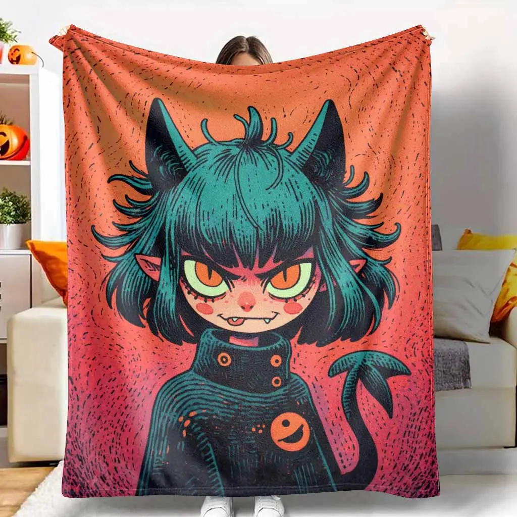 Cute Cat Demon Flannel Blanket Halloween Gothic Art Print Soft Warm Cozy Lightweight Decorative Throw Blanket Perfect for Bedroom Living Room Sofa Gift Party Festival Decoration Use